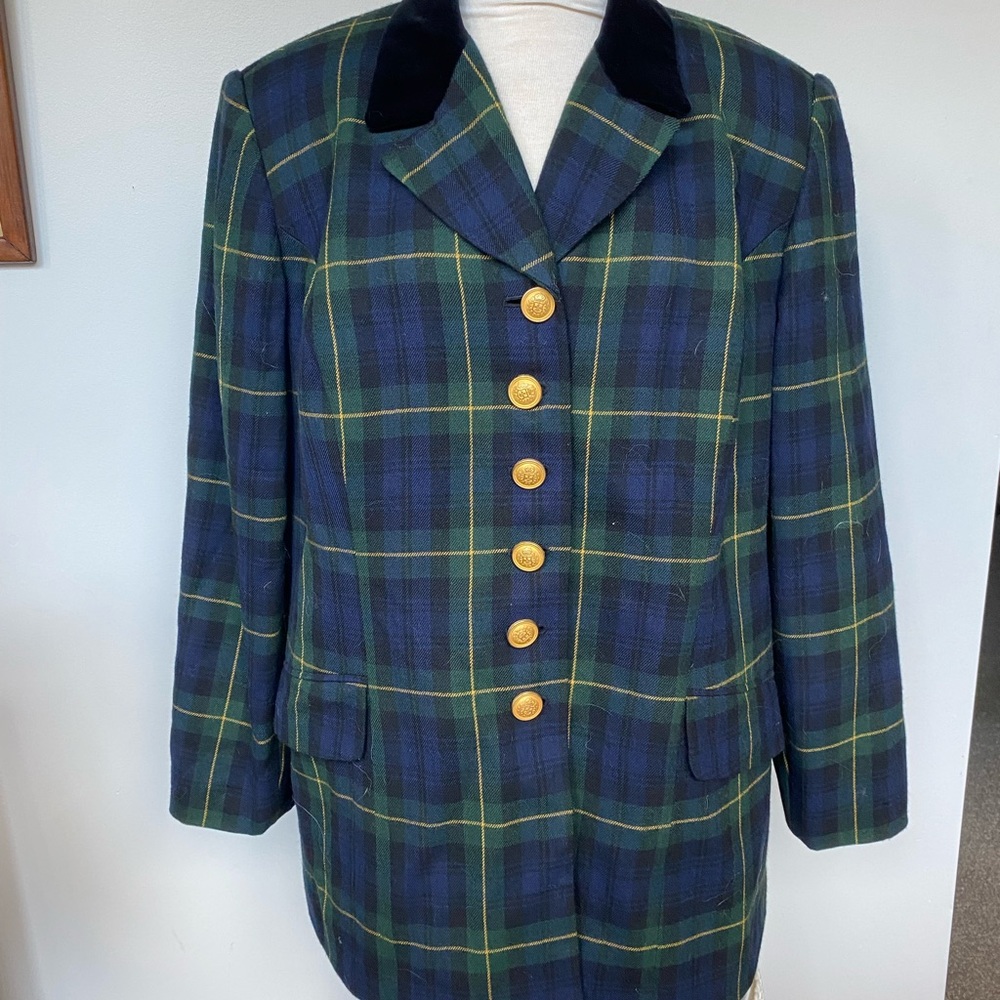 Vintage Embassy Row Women's Pure Wool Jacket  Sz 18W Blue Green Plaid